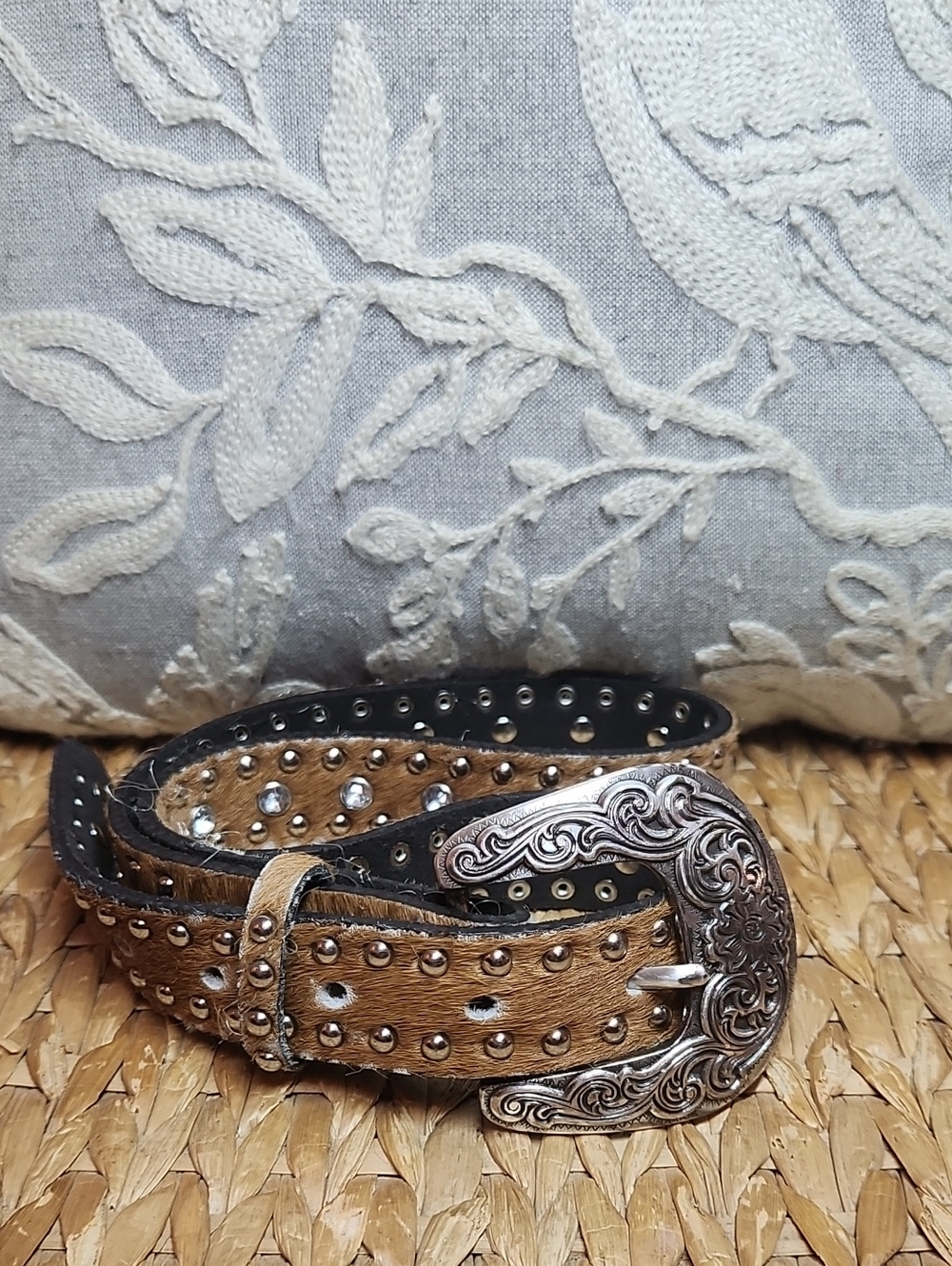 Studded Tan Calf Hair-on Leather Belt with Ornate Silver Buckle